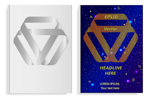 一套有抽象封面设计(莫比乌斯胶带)和现实阴影的两本书。书籍的模板和封面设计在不同的层次上。图片下载