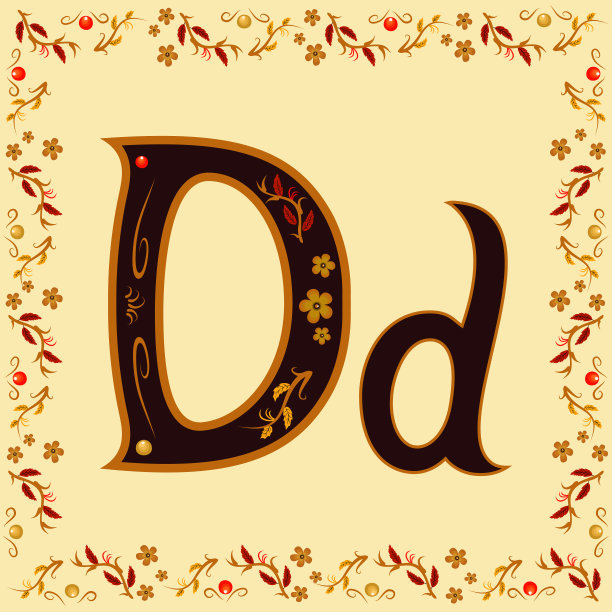 颜色字母D的拉丁字母与一个明亮的图案khokhroma在一个花框架图片下载