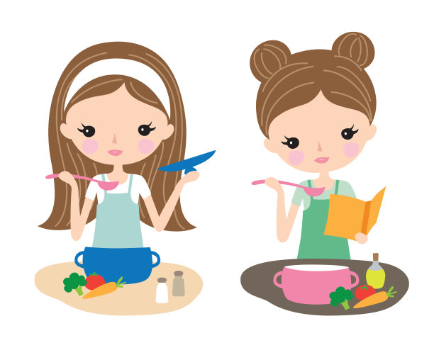 漂亮的年轻女人烹饪和阅读食谱图片下载