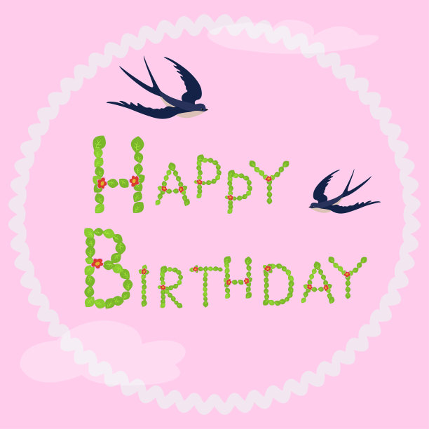 生日贺卡快乐。装饰用的绿叶字母图片下载