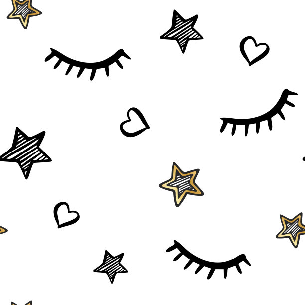 矢量无缝卡通图案。星星和心，闭上眼睛，睫毛。图片下载