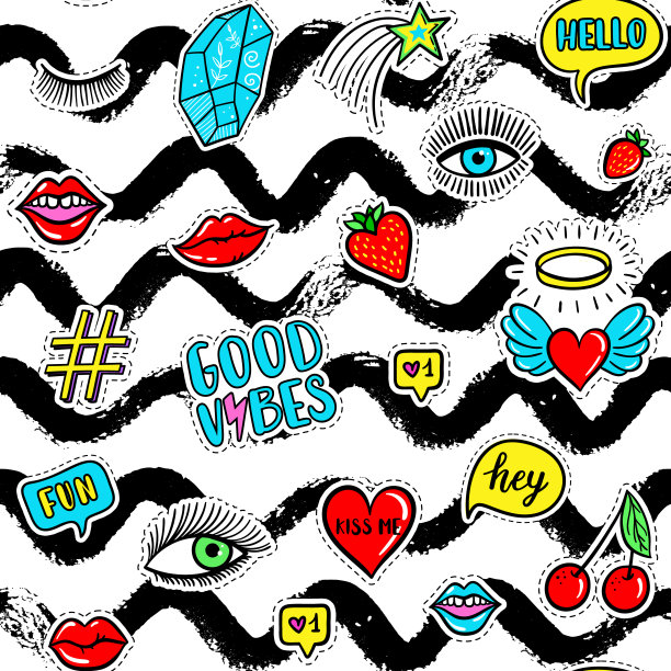 矢量手绘无缝图案与时尚趣味贴片:眼睛，嘴唇，星星，草莓，樱桃，水晶，好vibe语音泡泡。波普艺术贴纸，补丁，别针，徽章八九十年代风格图片下载