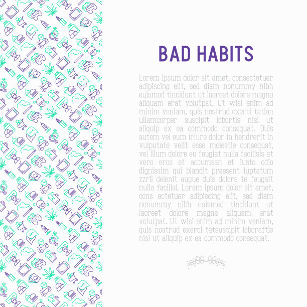 不良习惯概念与细线图标设置:滥用，酗酒，香烟，大麻，毒品，快餐，扑克，滥交，电视，电子游戏。现代矢量插图横幅，印刷媒体。图片下载