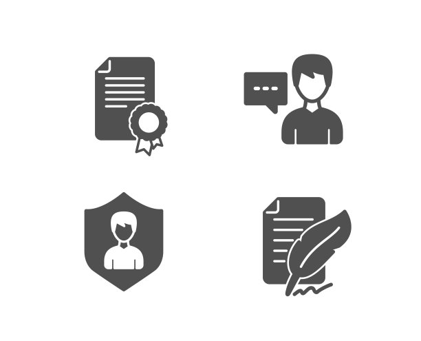 人说话，证书和安全机构图标。羽毛签名签署。图片下载