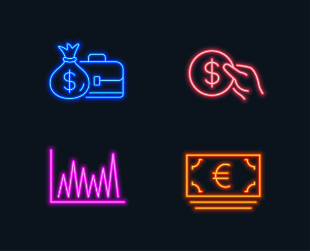 支付，工资和线形图图标。欧元符号。美元硬币，外交官带钱袋，市场图。图片下载