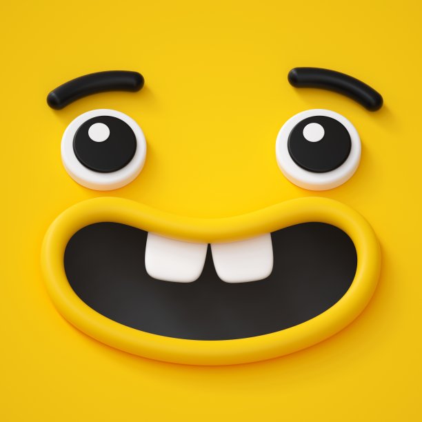3d渲染，可爱幼稚的脸，无牙的微笑，惊奇的情绪，表情符号，表情符号，有趣的怪物素材图片