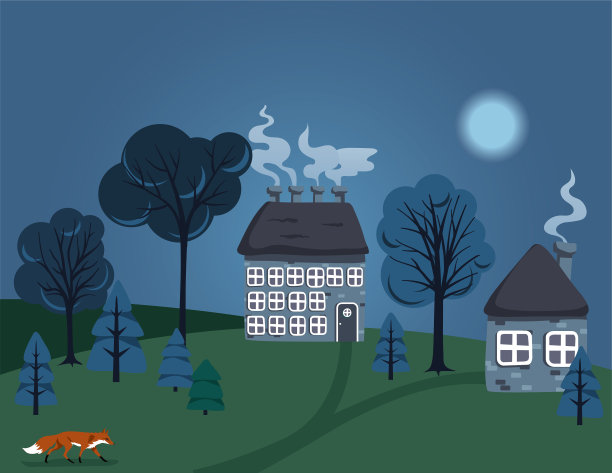 晚上山上可爱的房子图片下载