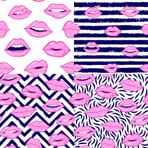 美妆、化妆、时尚无缝图案套装。矢量粉色涂鸦唇补丁流行艺术80 -90年代风格。女人的性感情感嘴。图片下载