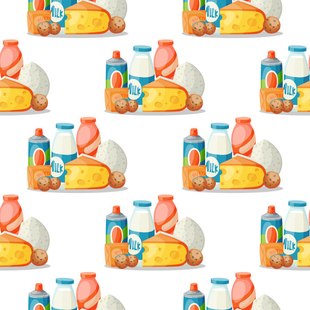 牛奶乳制品矢量平面风格早餐美食有机膳食新鲜饮食食品牛奶饮料成分营养无缝图案背景插图图片下载