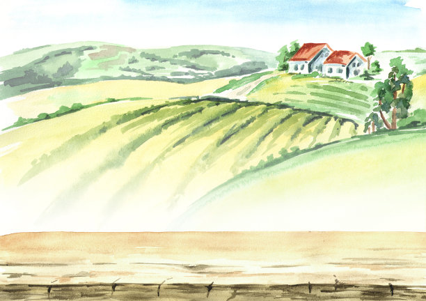 老农场和农村的田野都空着桌子。水彩手绘插图素材图片