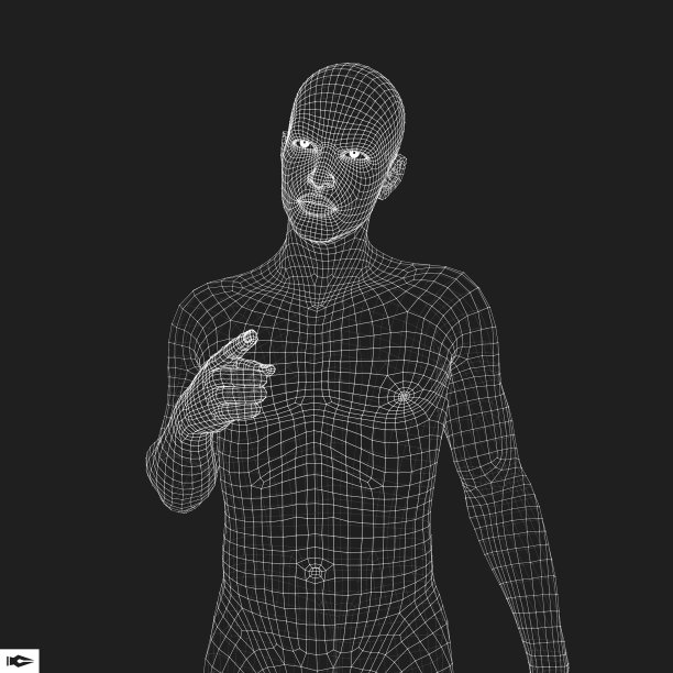 男人指着前方，人体3D模型，几何设计矢量插画，3D多边形皮肤覆盖，人体线框模型图片下载