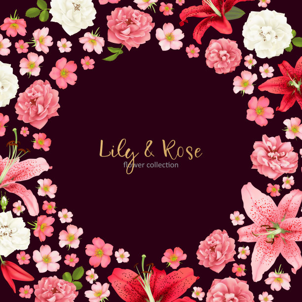 玫瑰和百合的婚礼请柬。向量的名片。素材图片