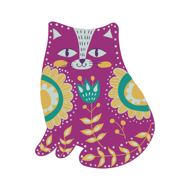 矢量与美丽的图案和花猫，民间支柱。海报装饰您的室内和用于您独特的设计图片下载