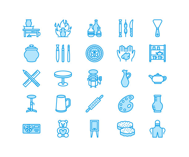 陶艺工坊，陶艺班，线条图标。粘土工作室工具标志。手工建筑，雕刻设备-陶工轮，电窑，工具。像素完美64 x64图片下载