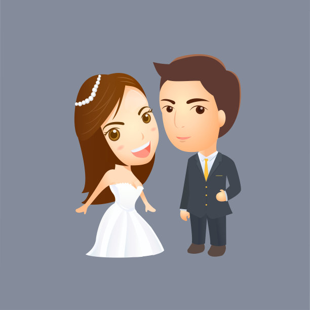 卡通扁平风婚礼邀请函及平面设计素材：身穿婚纱的新娘和西装革履的新郎素材图片