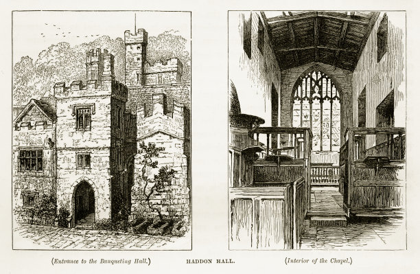 英国德比郡的哈登大厅，维多利亚版画，1840年图片下载