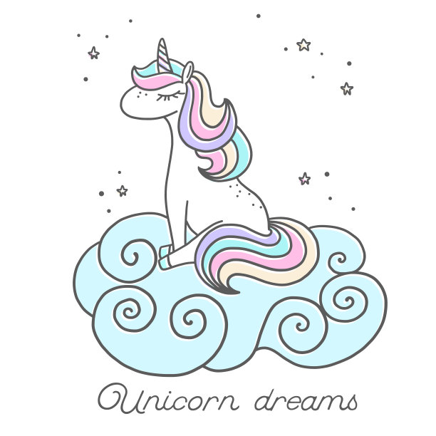 睡着的独角兽坐在蓝色的云上，周围有星星图片下载