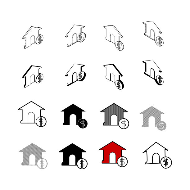 集合现代向量。房子钱多类型3d等距，实心，线，涂鸦hatch，涂鸦，阴影等距和白色背景上的一点颜色eps10图片下载