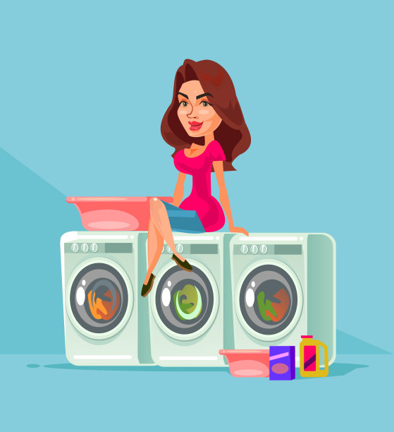 幸福微笑的家庭主妇母亲妇女性格坐在洗衣机洗衣机在公共洗衣房和洗衣服织物。家务家居设备概念图片下载