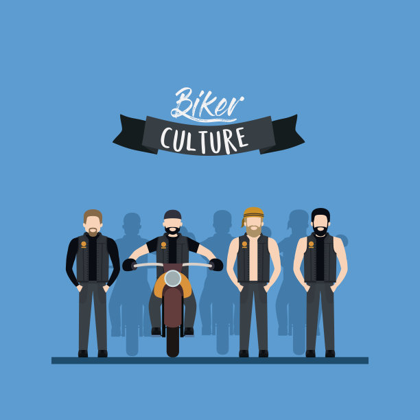 摩托车文化海报，一群男人站着，男人在经典的摩托车和蓝色背景图片下载