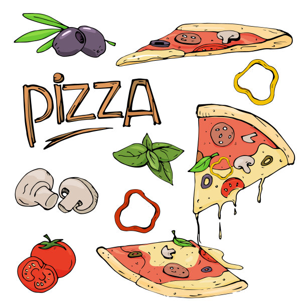 白色背景上的披萨和配料。图片下载