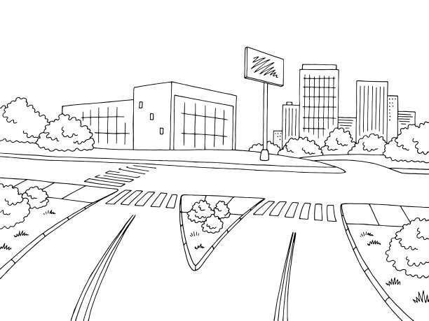 街道道路图形黑白色城市十字路口景观素描插图矢量图片下载
