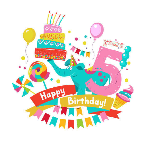 敬贺诞辰!邀请参加节日聚会。自出生之日起5年。明亮的彩色剪纸艺术。矢量插图。素材图片