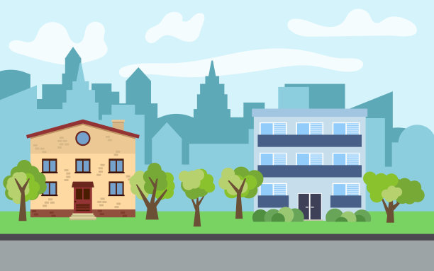 矢量城市有两层和三层的卡通房子和绿树在阳光明媚的日子素材图片