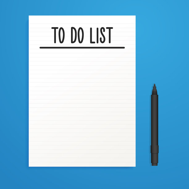 空白待做清单页纸与黑色钢笔和蓝色背景。矢量插图模板与复制空间图片下载