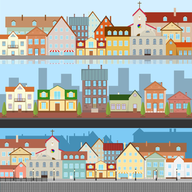 老城的风景。老城的景色。老城区的街道上有一条小河。素材图片