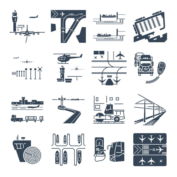 一套黑色图标交通基础设施，道路，空中，海上图片下载