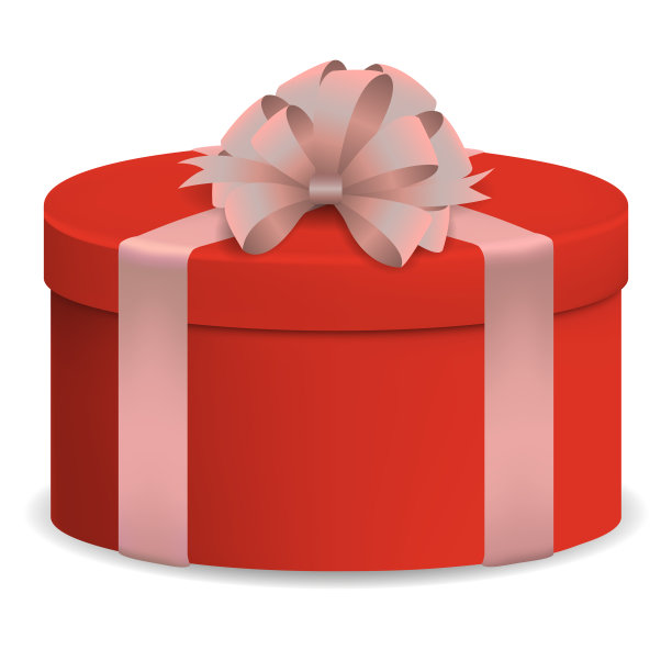 一个现实的，红色的，圆形的，封闭的盒子用粉红色的丝带和一个蝴蝶结在白色孤立的背景上的向量图像。图片下载