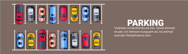 车位顶视图与一组彩色汽车，公园区水平横幅与复制空间图片下载