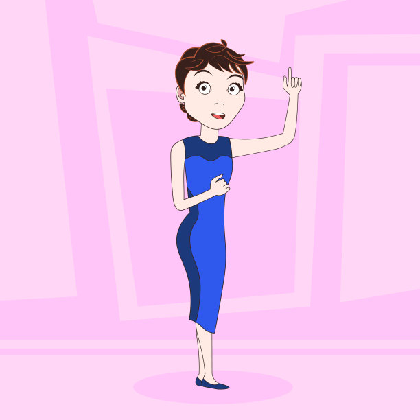 卡通女人在优雅的服装点手指在抽象的粉红色背景图片下载