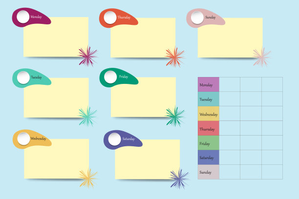 蓝色背景上的每周计划表向量。图片下载