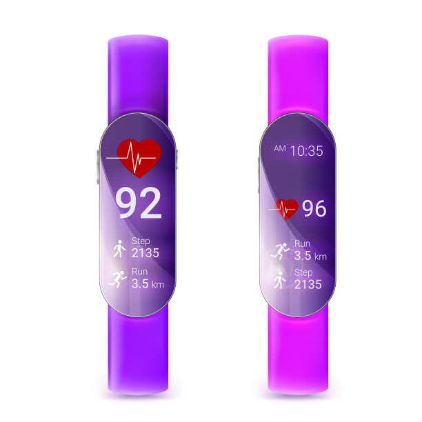 一套活动跟踪孤立在白色背景，3D插图。现代的移动设备。运行一个带有时钟和距离跟踪功能的健身应用程序。智能手表概念素材图片