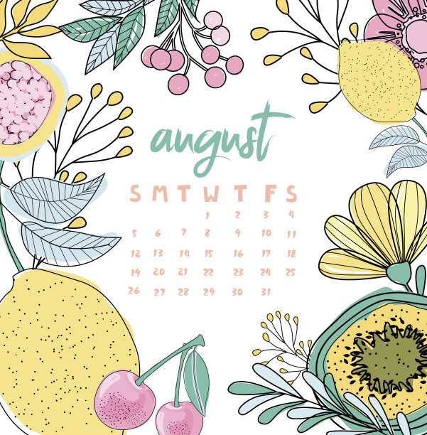8月日历。色彩柔和的水果夏历图片下载