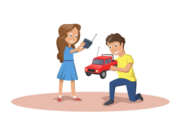 快乐的孩子们玩着无线电控制的汽车。RC模型。卡通矢量插图孤立的白色背景。图片下载