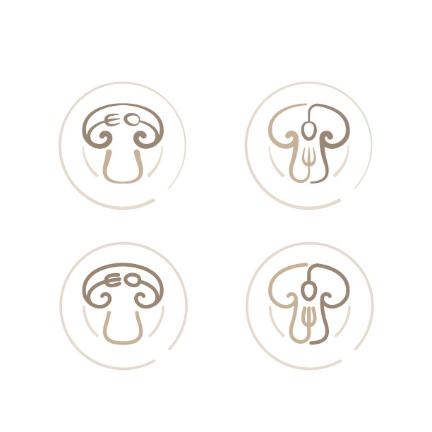 蘑菇图标与勺子叉盘子概念轮廓笔触设置平面设计棕色插图孤立在白色背景，矢量eps 10图片下载