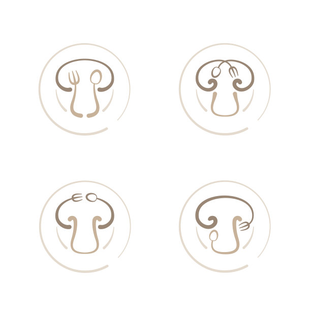 蘑菇图标与勺子叉盘子概念轮廓笔触设置平面设计棕色插图孤立在白色背景，矢量eps 10图片下载