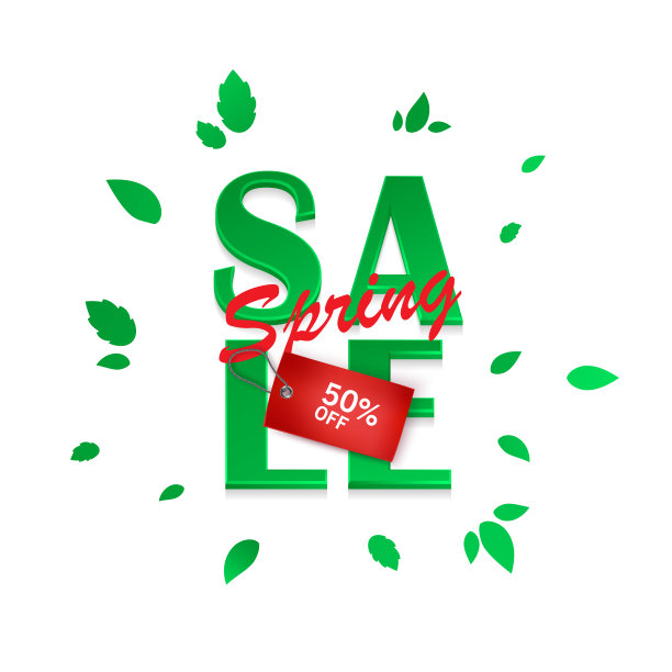 春季销售背景，横幅上有美丽的绿叶和逼真的红色标签。矢量图图片下载
