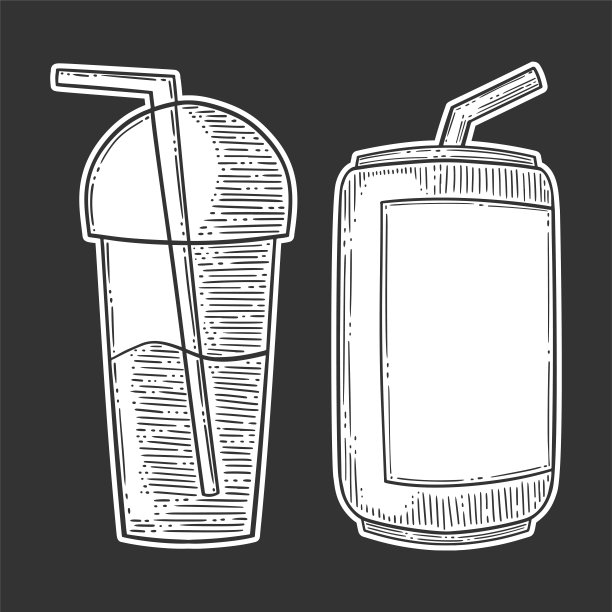 一套清爽的饮料，罐装苏打水和一杯smuzzi，与饮用吸管。手绘矢量雕刻和素描风格。复制空间和模板图片下载
