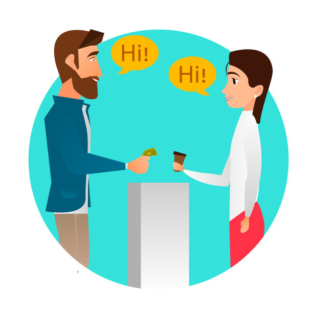 男人买咖啡，女店员正在售卖咖啡矢量插画图片下载