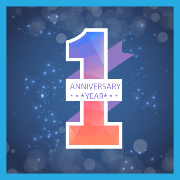 1周年纪念缎带模糊蓝色背景矢量图像图片下载