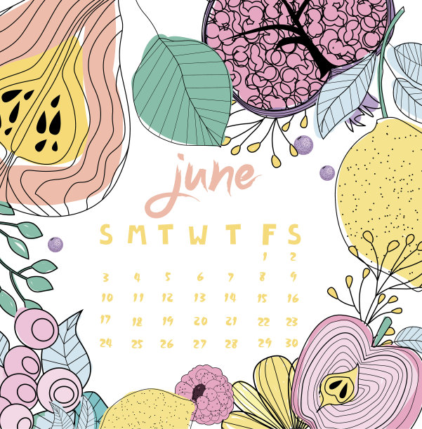 6月日历。色彩柔和的水果夏历。可编辑的矢量图图片下载