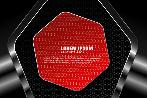 矢量六边形梯度深灰色网格背景与红色六边形形状在中心和金属框架与商业的光芒。图片下载