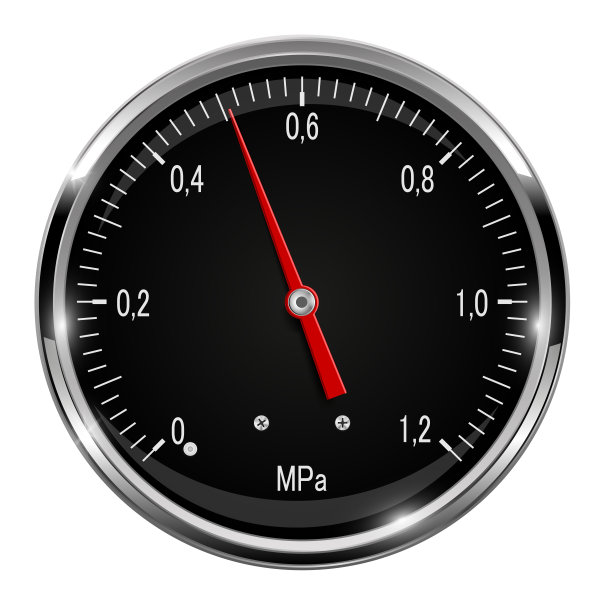压力计。圆形黑色量规与金属框架图片下载
