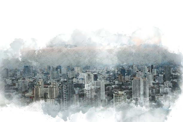 摘要以城市建筑为背景的水彩画。城市上的数字插画刷艺术。图片下载