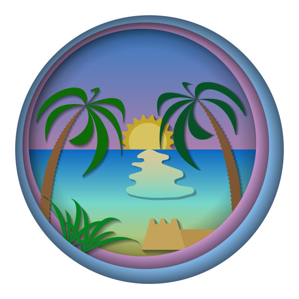 海滩上的棕榈树在日落剪纸风格。图片下载