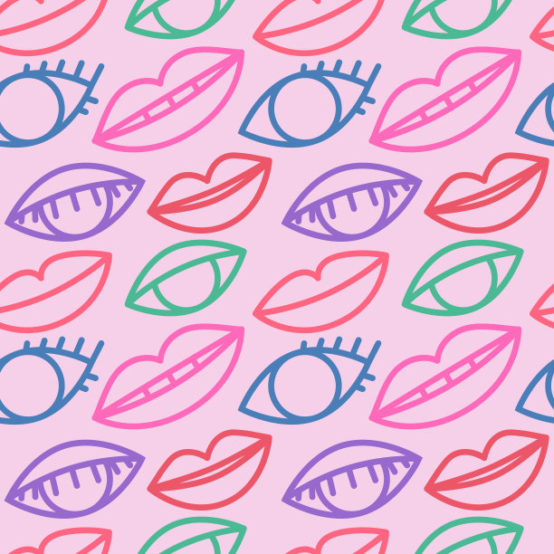 无缝图案与眼睛和嘴唇，轮廓眼睛和嘴唇矢量背景，彩色壁纸图片下载